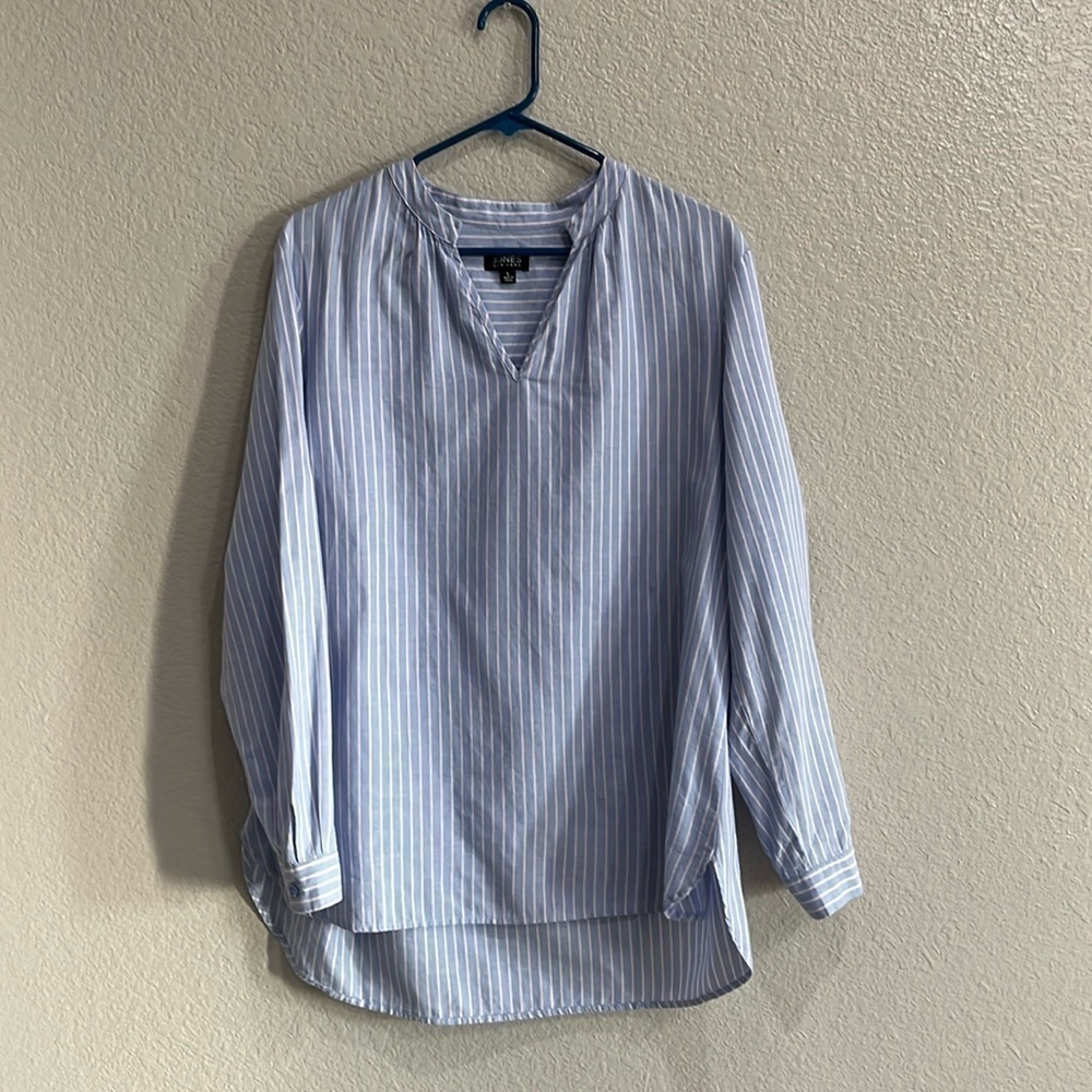 Jones New York striped Tunic V Neck Blue Pink Long Sleeve Size Large TC0656